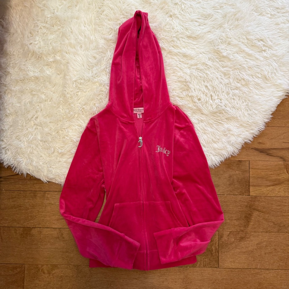 Juicy Couture Hot Pink Velour Rhinestone Zip Up Hoodie Y2K McBling Womens XL
